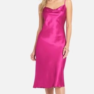 NWT Bebe Pink Fuchsia Satin Cowl Neck Slip Midi Dress Size S